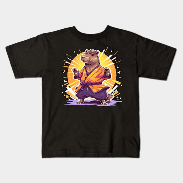karate capybara Kids T-Shirt by piratesnow